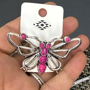 NWT Pink Stone Silver Butterfly Adjustable Native Ring